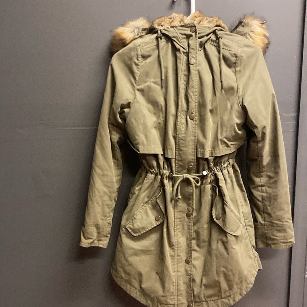 Parka London Woman Faux Fur Lined Coat Green Hooded Extra Small